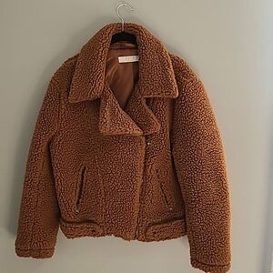 ASTR The Label Camel Brown Faux Fur Sherpa Teddy Fuzzy Moto Jacket Size S